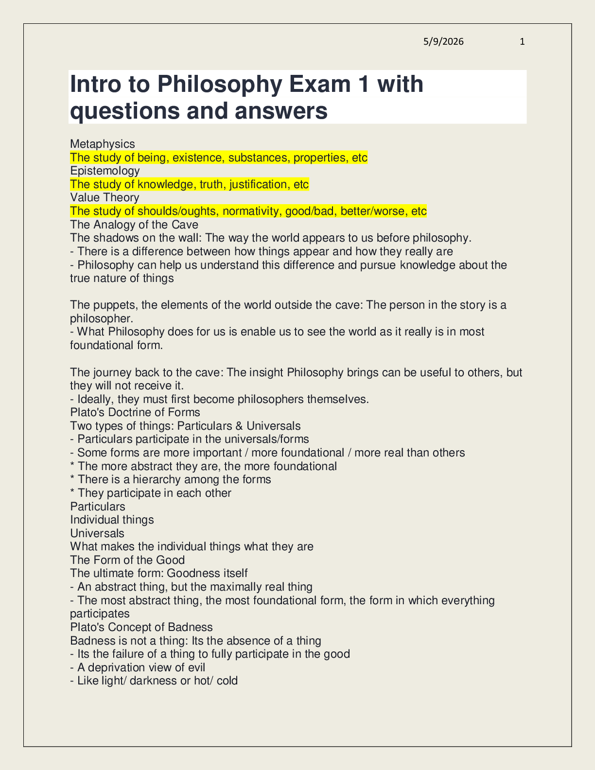 Preview of Intro to Philosophy Exam 1 with questions and answers