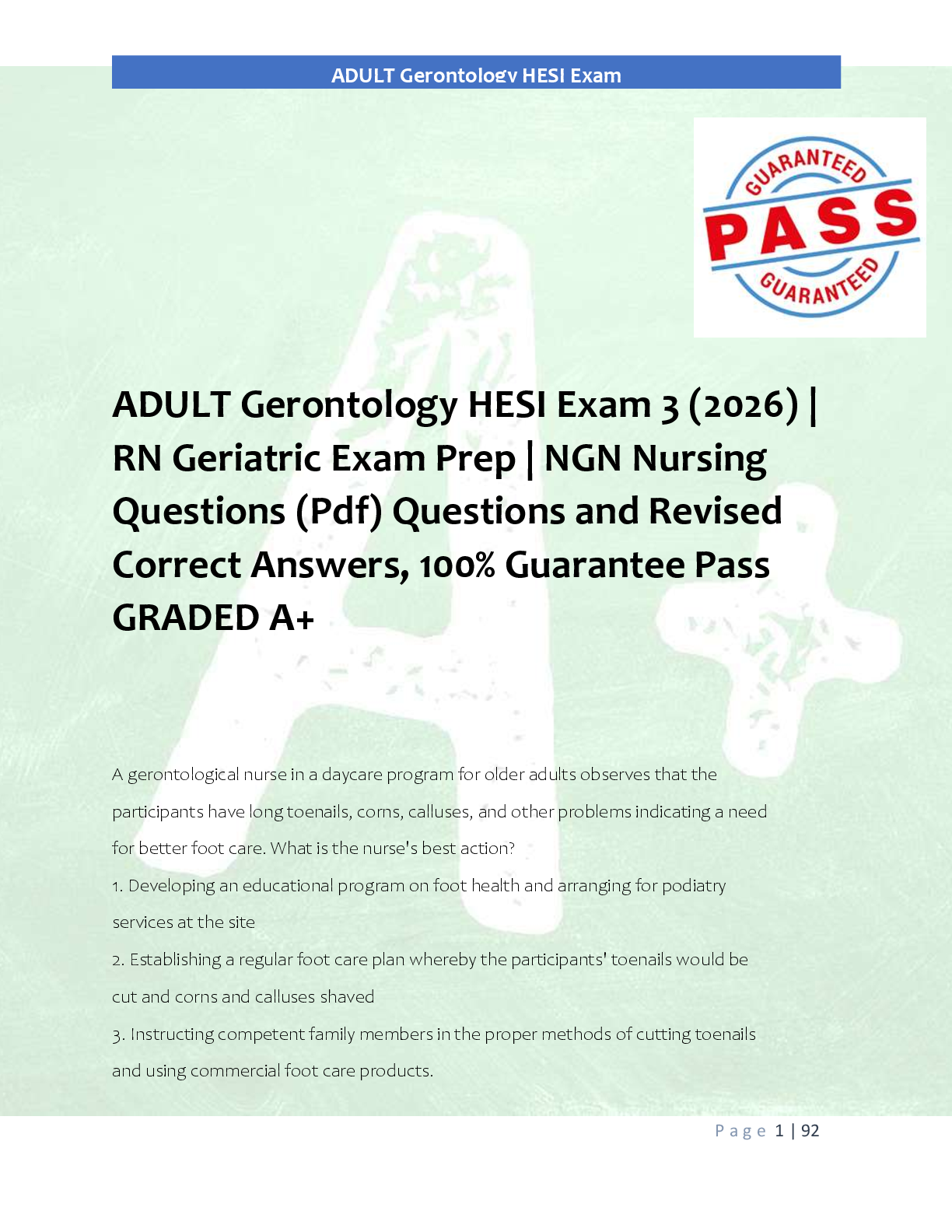 Preview of ADULT Gerontology HESI Exam 3 (2026) |  RN Geriatric Exam Prep | NGN Nursing  Questions (Pdf) Questions and Revised  Correct Answers, 100% Guarantee Pass  GRADED A+