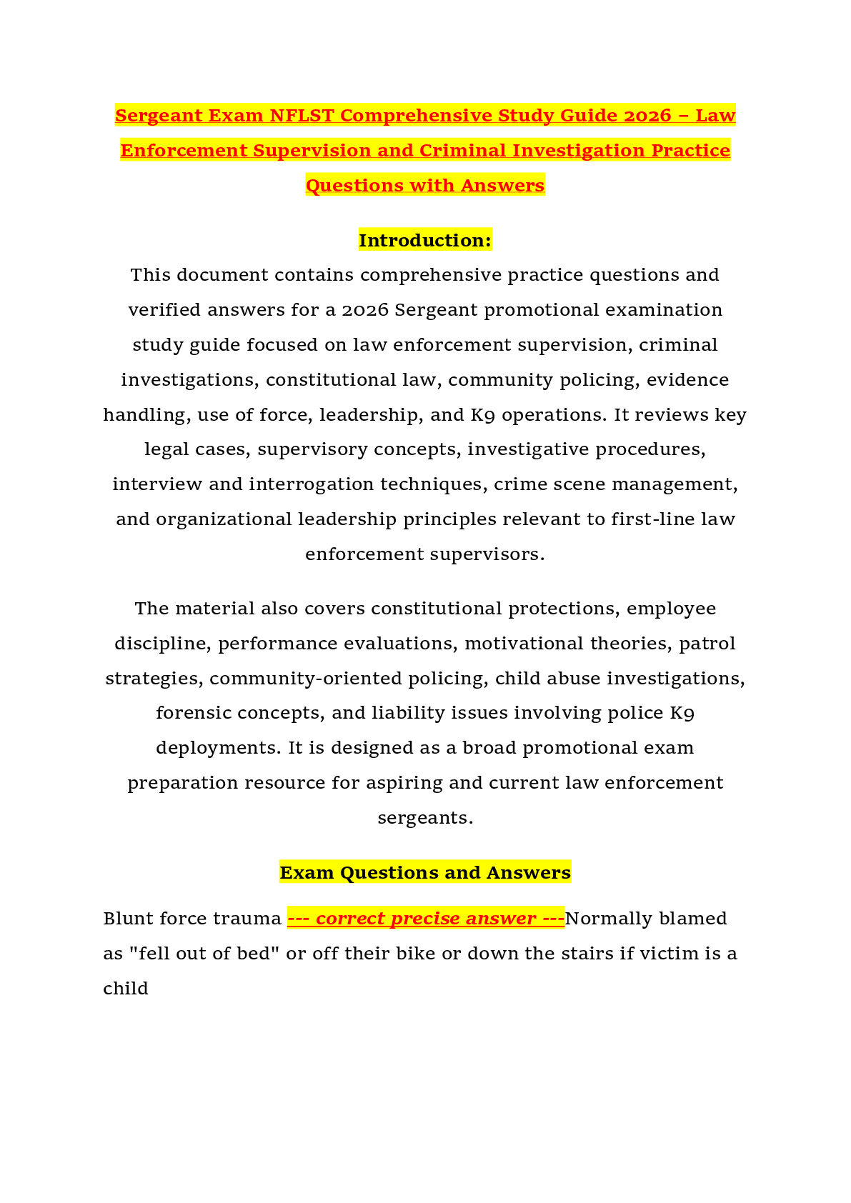 Recommended document preview for Sergeant Exam NFLST Comprehensive Study Guide 2026 – Law Enforcement Supervision and Criminal Investigation Practice Questions with Answers