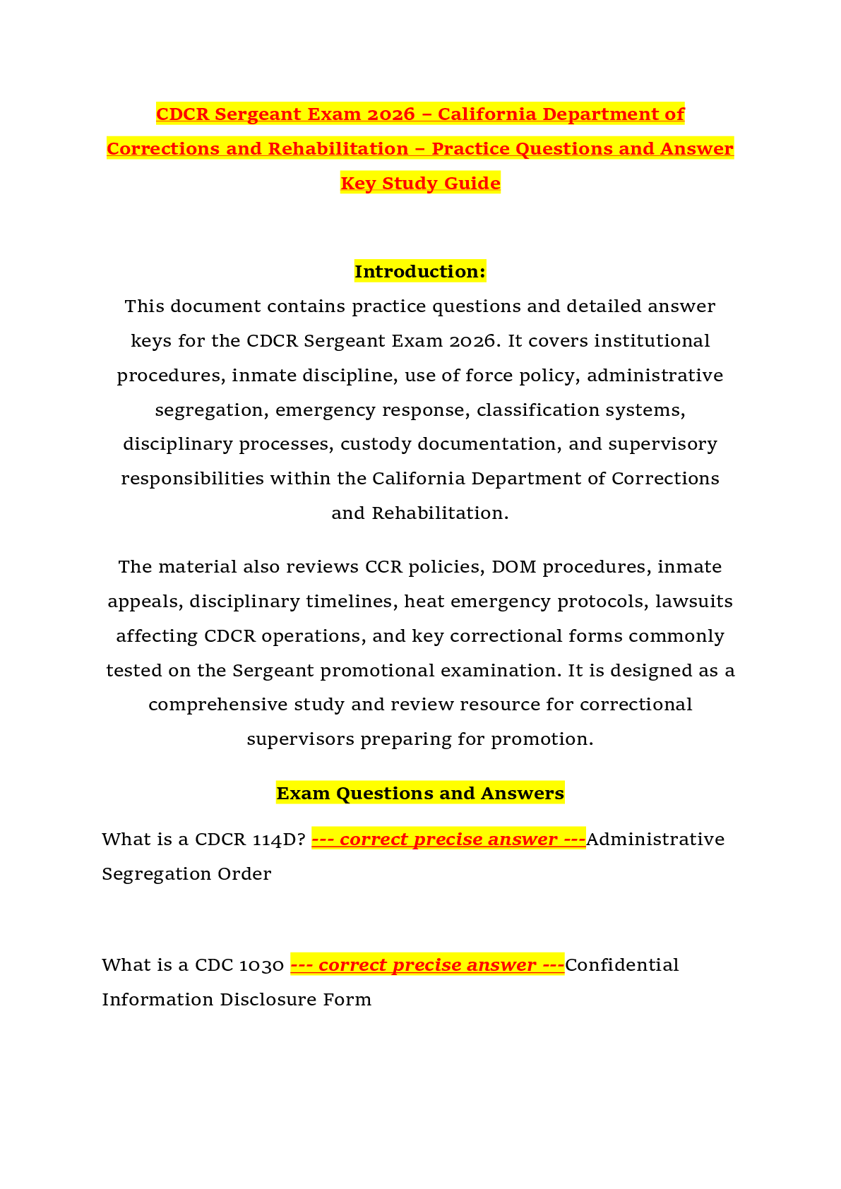 Recommended document preview for CDCR Sergeant Exam 2026 – California Department of Corrections and Rehabilitation – Practice Questions and Answer Key Study Guide