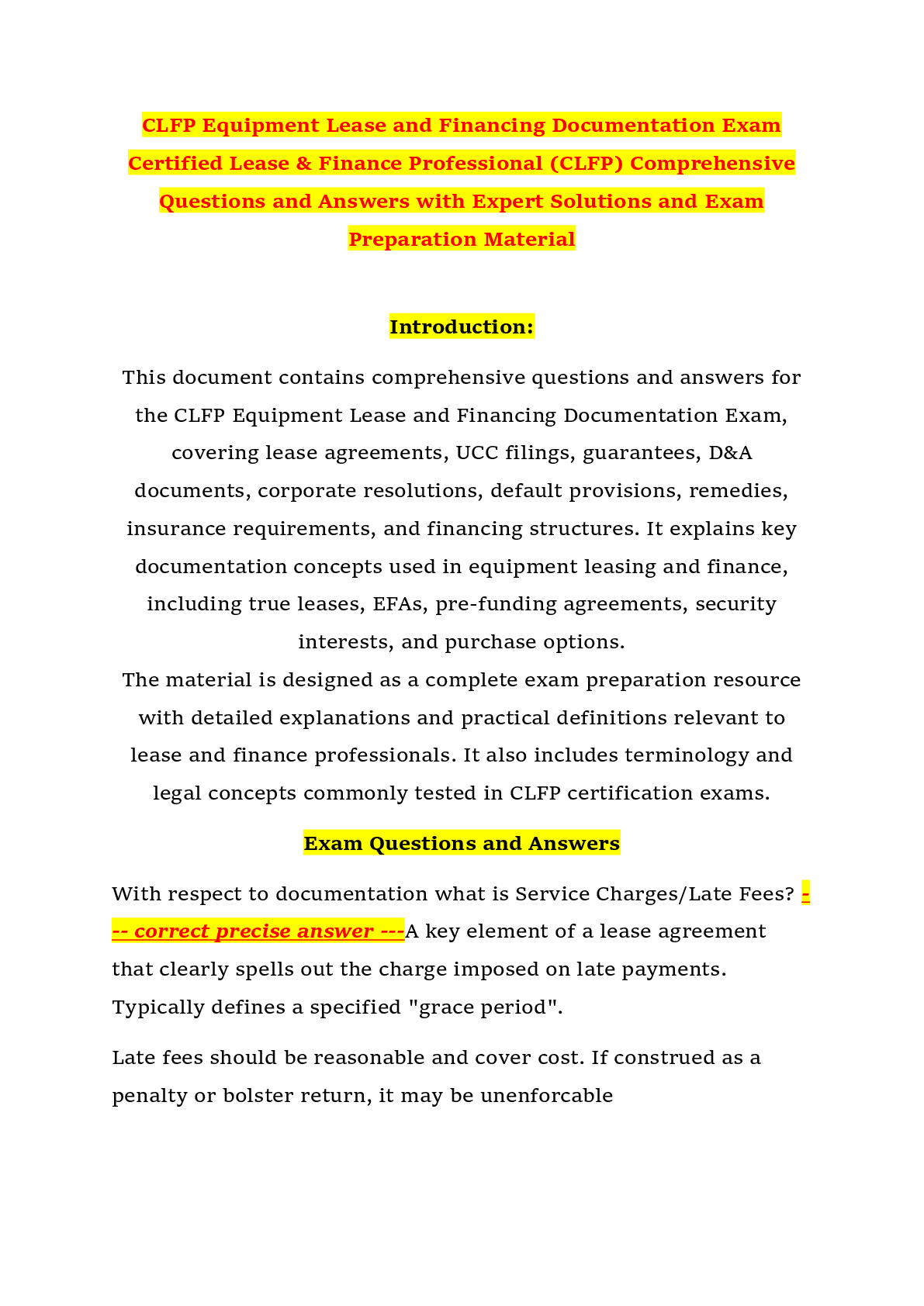 Recommended document preview for CLFP Equipment Lease and Financing Documentation Exam Certified Lease & Finance Professional (CLFP) Comprehensive Questions and Answers with Expert Solutions and Exam Preparation Material