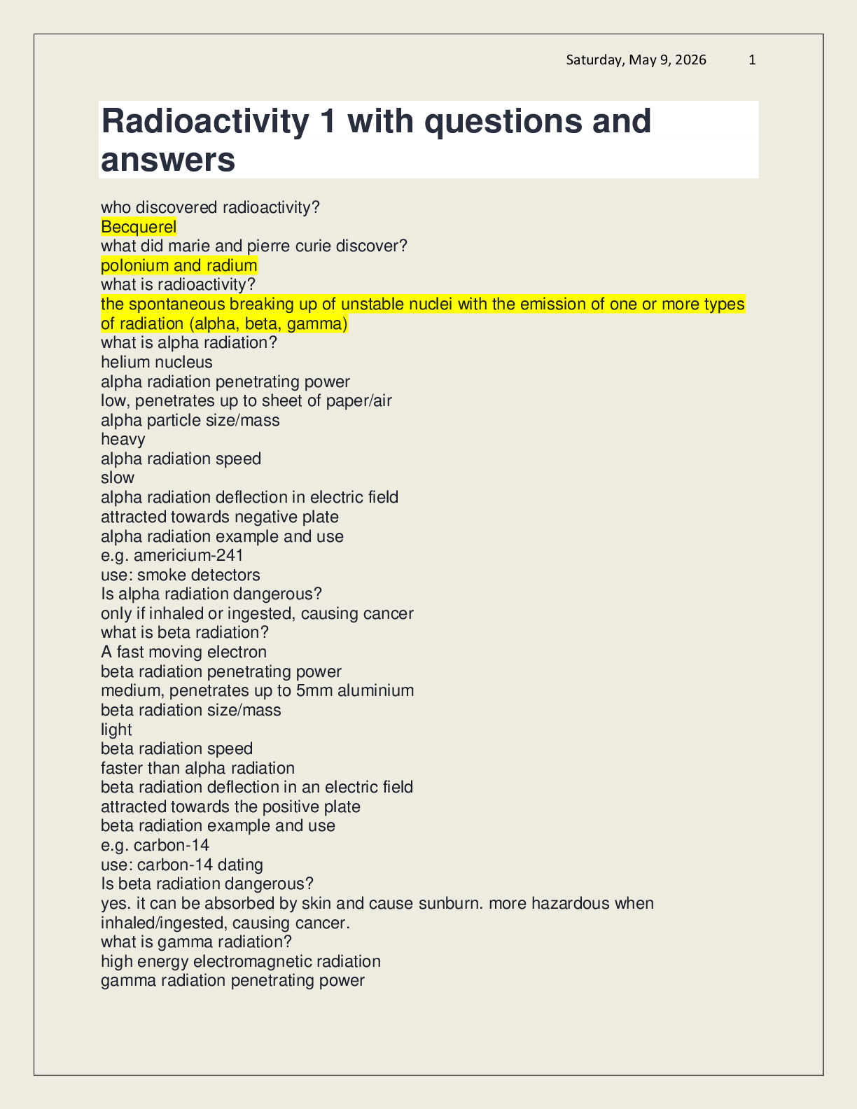 Preview of Radioactivity 1 with questions and answers