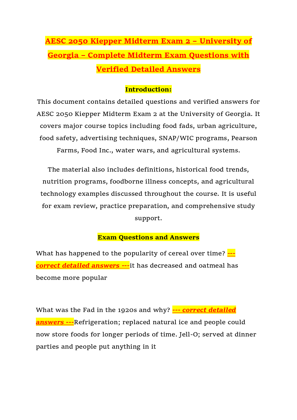 AESC 2050 Kiepper Midterm Exam 2 – University of Georgia – Complete Midterm Exam Questions with Verified Detailed Answers