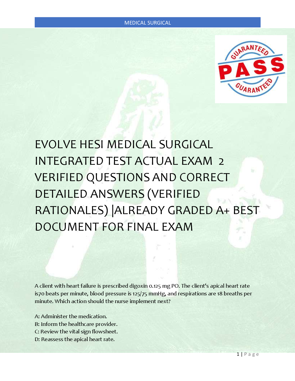Preview image for EVOLVE HESI MEDICAL SURGICAL  INTEGRATED TEST ACTUAL EXAM  2  VERIFIED QUESTIONS AND CORRECT  DETAILED ANSWERS (VERIFIED  RATIONALES) |ALREADY GRADED A+ BEST  DOCUMENT FOR FINAL EXAM