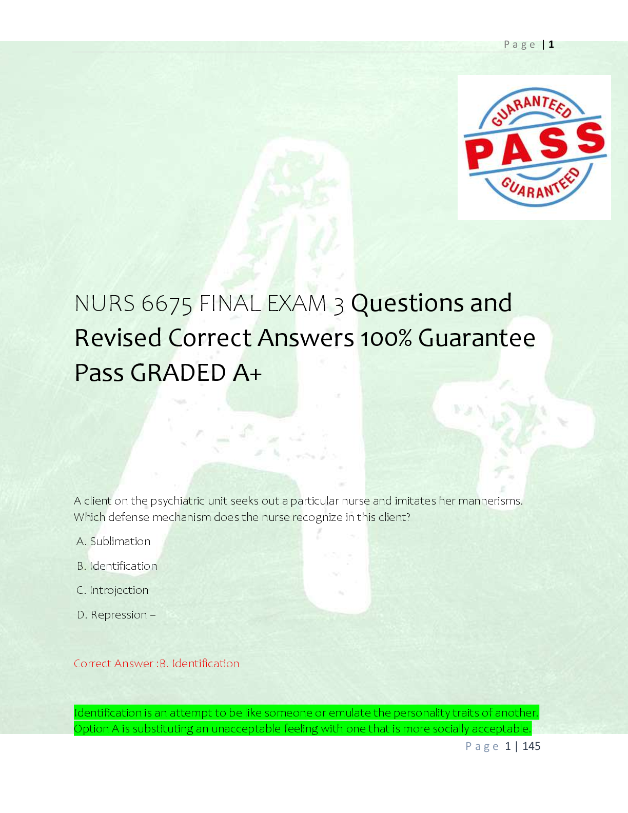 Preview of NURS 6675 FINAL EXAM 3 Questions and  Revised Correct Answers 100% Guarantee  Pass GRADED A+