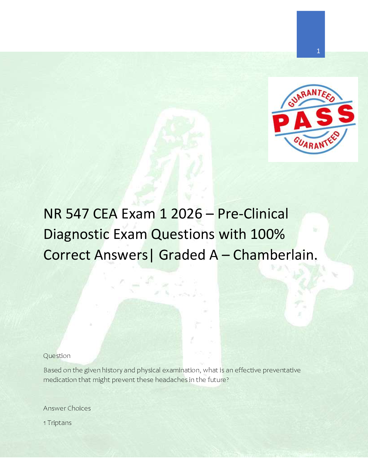 Preview image for NR 547 CEA Exam 1 2026 – Pre-Clinical  Diagnostic Exam Questions with 100%  Correct Answers| Graded A – Chamberlain.