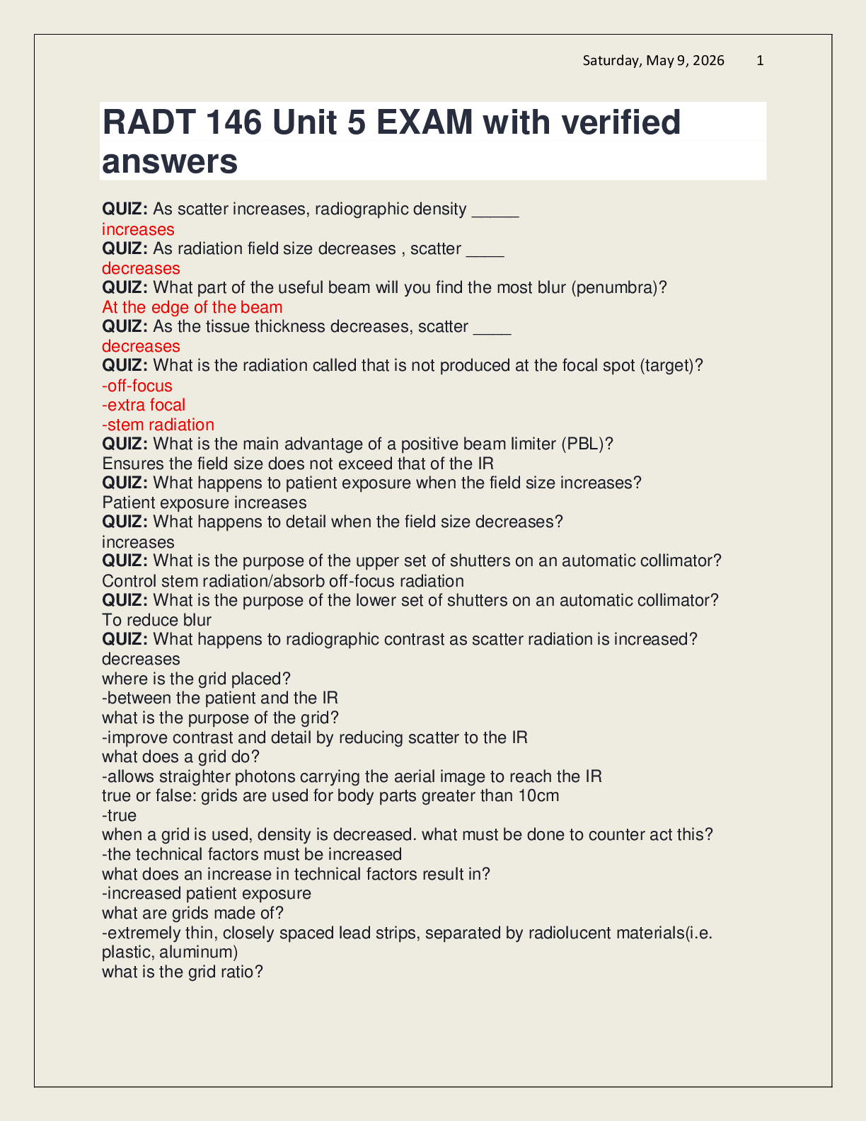 Preview of RADT 146 Unit 5 EXAM with verified answers