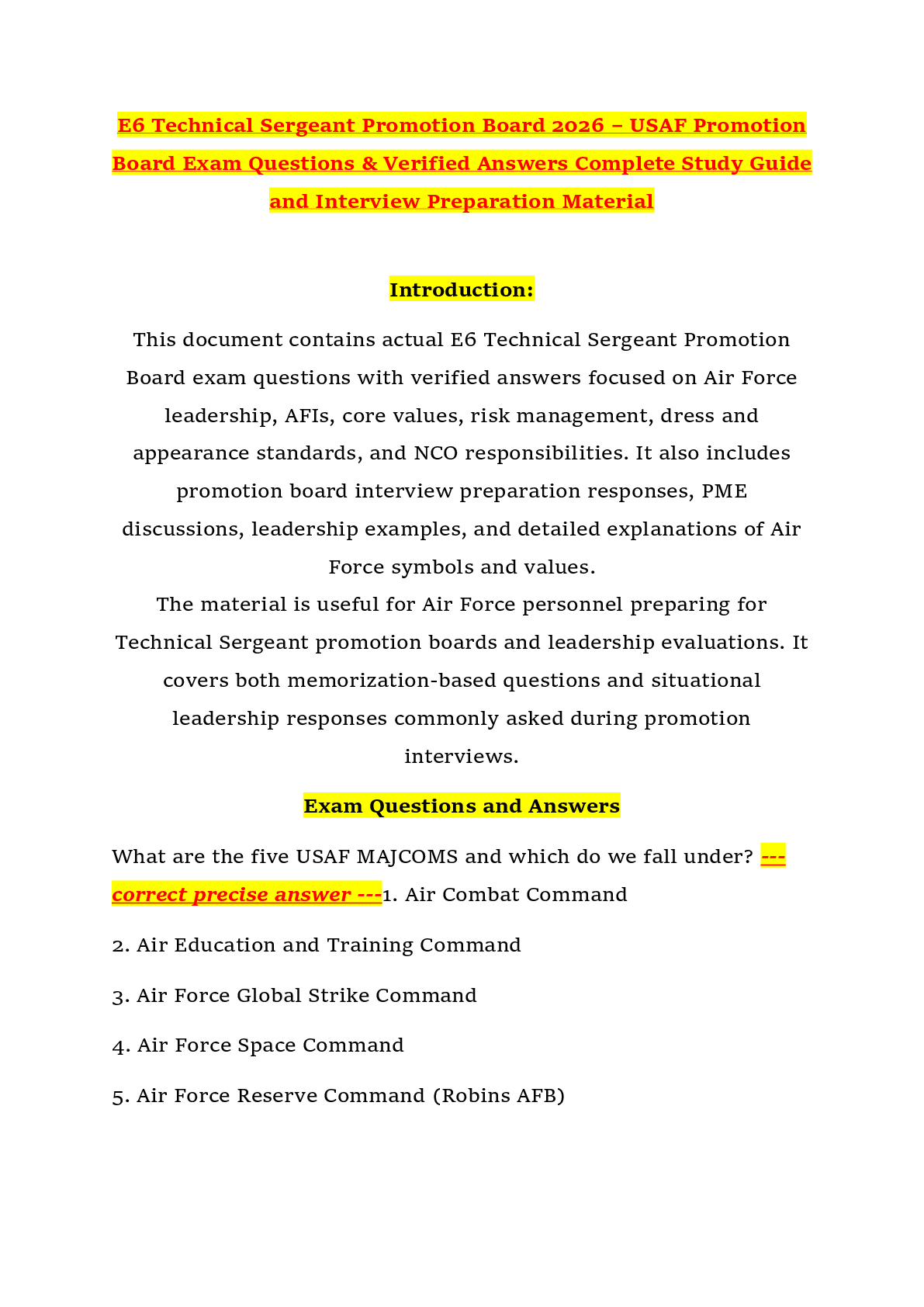Recommended document preview for E6 Technical Sergeant Promotion Board 2026 – USAF Promotion Board Exam Questions & Verified Answers Complete Study Guide and Interview Preparation Material