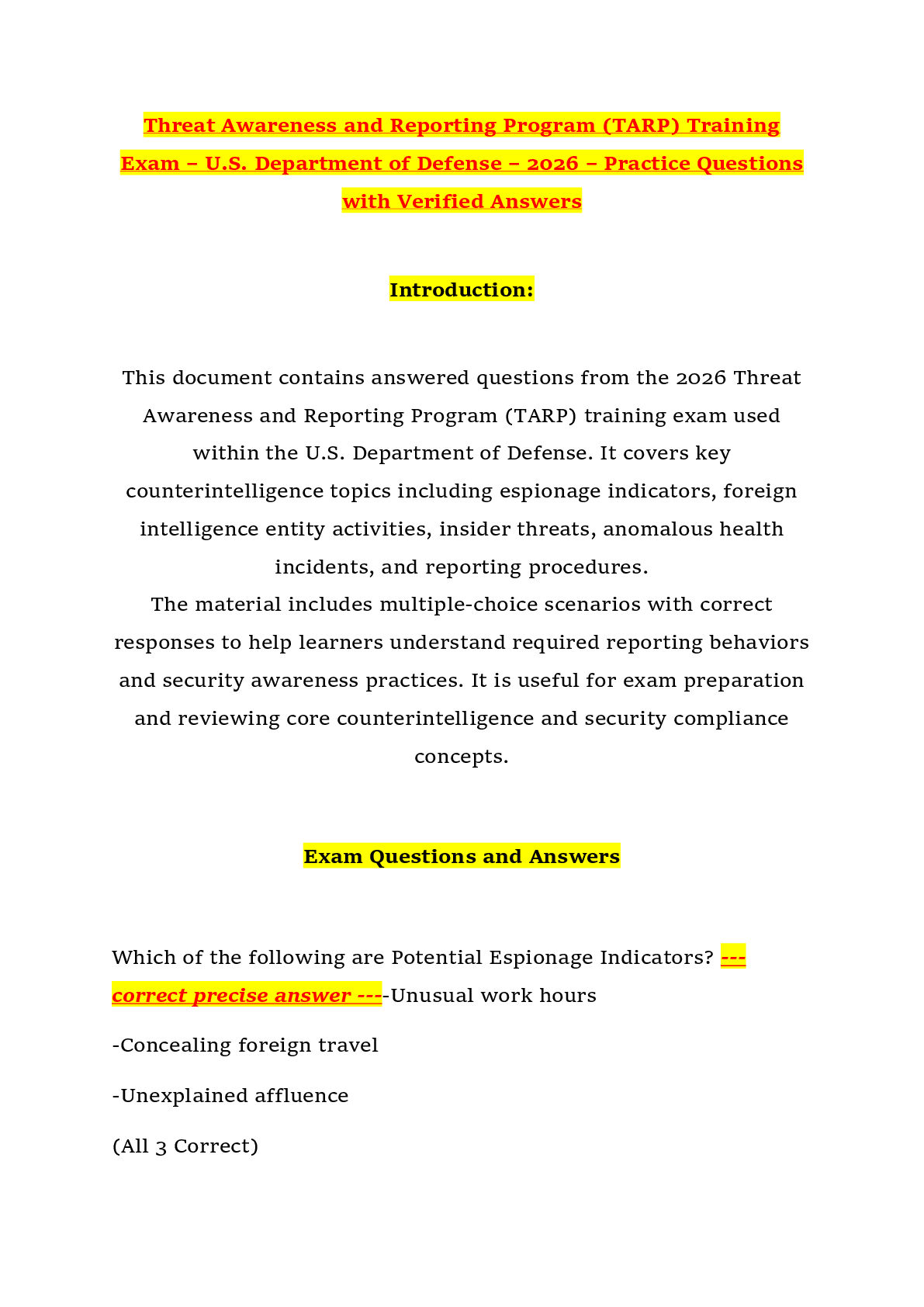 Recommended document preview for Threat Awareness and Reporting Program (TARP) Training Exam – U.S. Department of Defense – 2026 – Practice Questions with Verified Answers