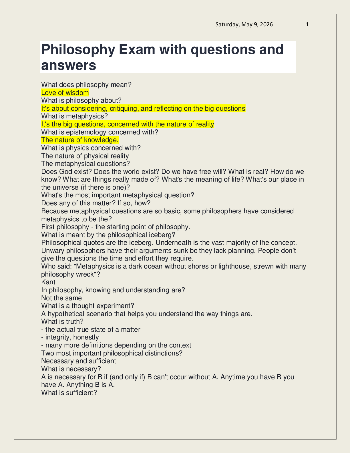 Preview of Philosophy Exam with questions and answers