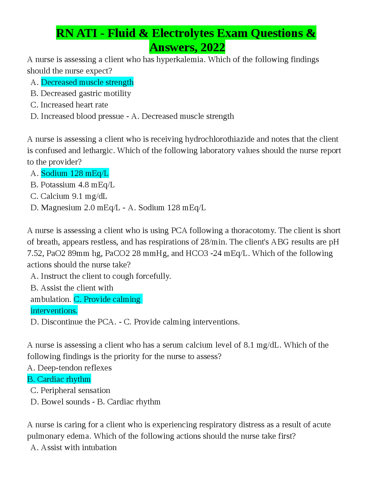 Preview of RN ATI - Fluid & Electrolytes Exam Questions & Answers,  Decreased  2022