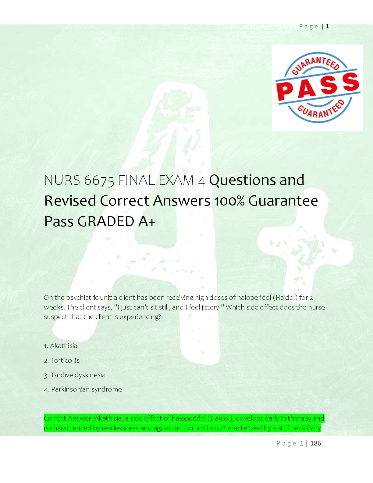 Preview of NURS 6675 FINAL EXAM 4 Questions and  Revised Correct Answers 100% Guarantee  Pass GRADED A+