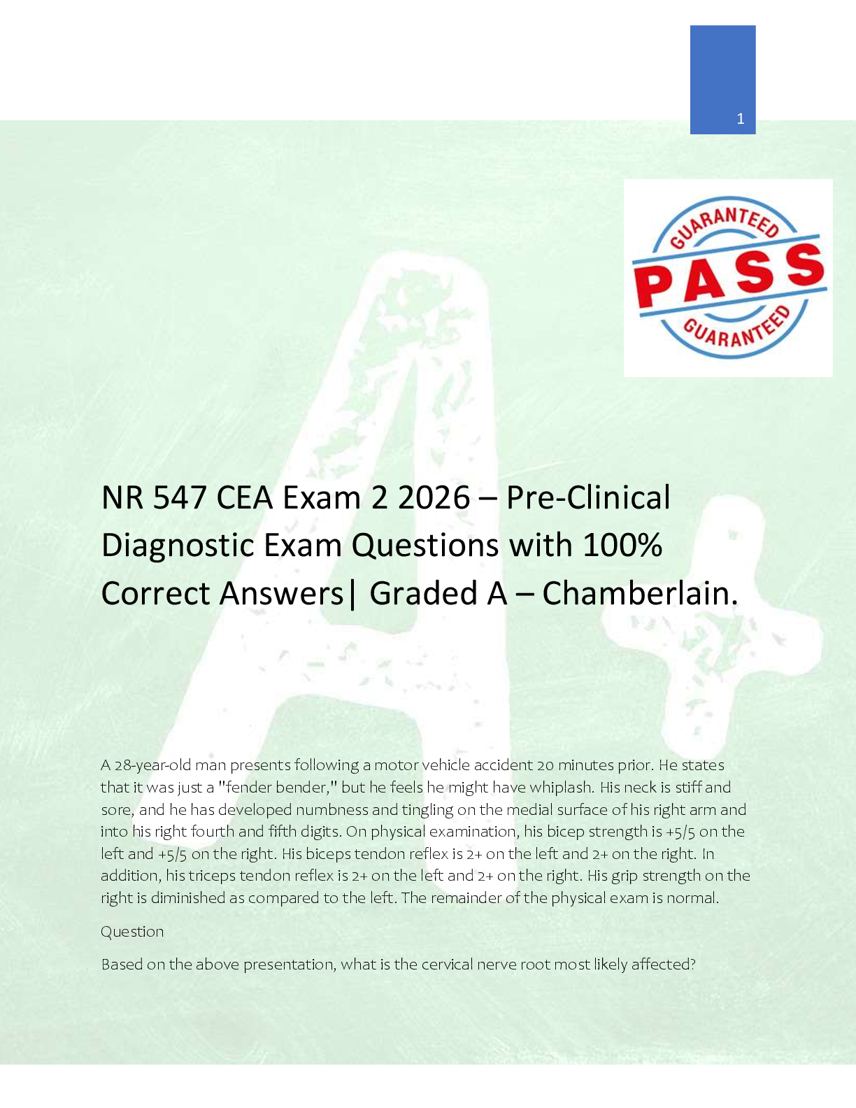 Preview image for NR 547 CEA Exam 2 2026 – Pre-Clinical  Diagnostic Exam Questions with 100%  Correct Answers| Graded A – Chamberlain.