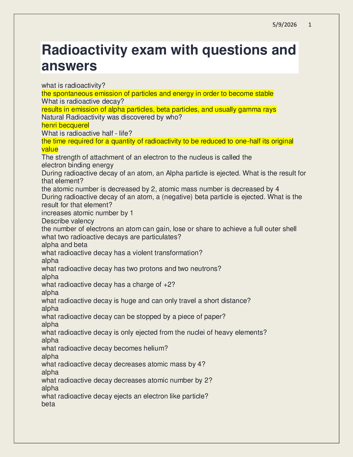 Preview of Radioactivity exam with questions and answers