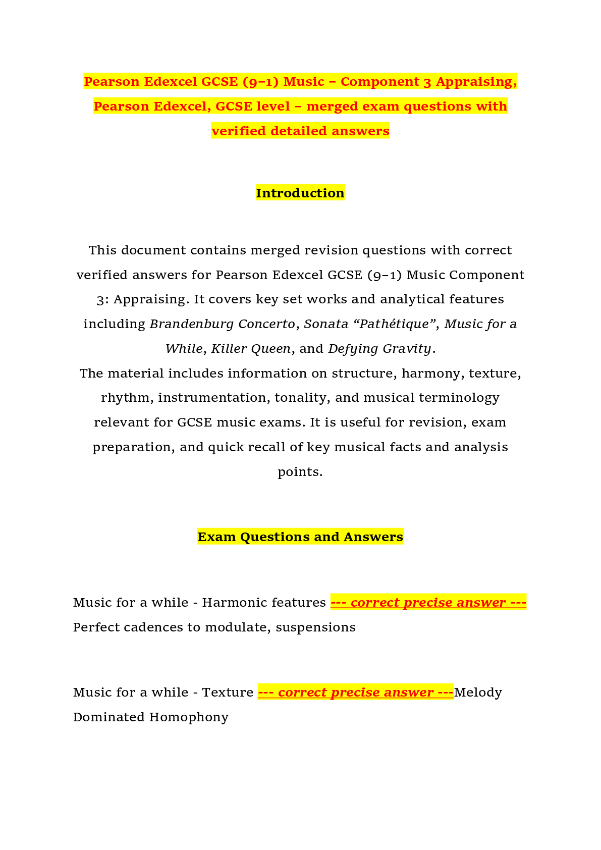 Recommended document preview for Pearson Edexcel GCSE (9–1) Music – Component 3 Appraising, Pearson Edexcel, GCSE level – merged exam questions with verified detailed answers
