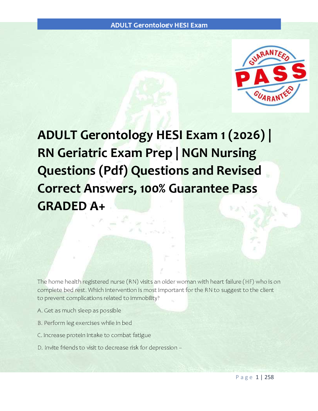 Preview image for ADULT Gerontology HESI Exam 1 (2026) |  RN Geriatric Exam Prep | NGN Nursing  Questions (Pdf) Questions and Revised  Correct Answers, 100% Guarantee Pass  GRADED A+