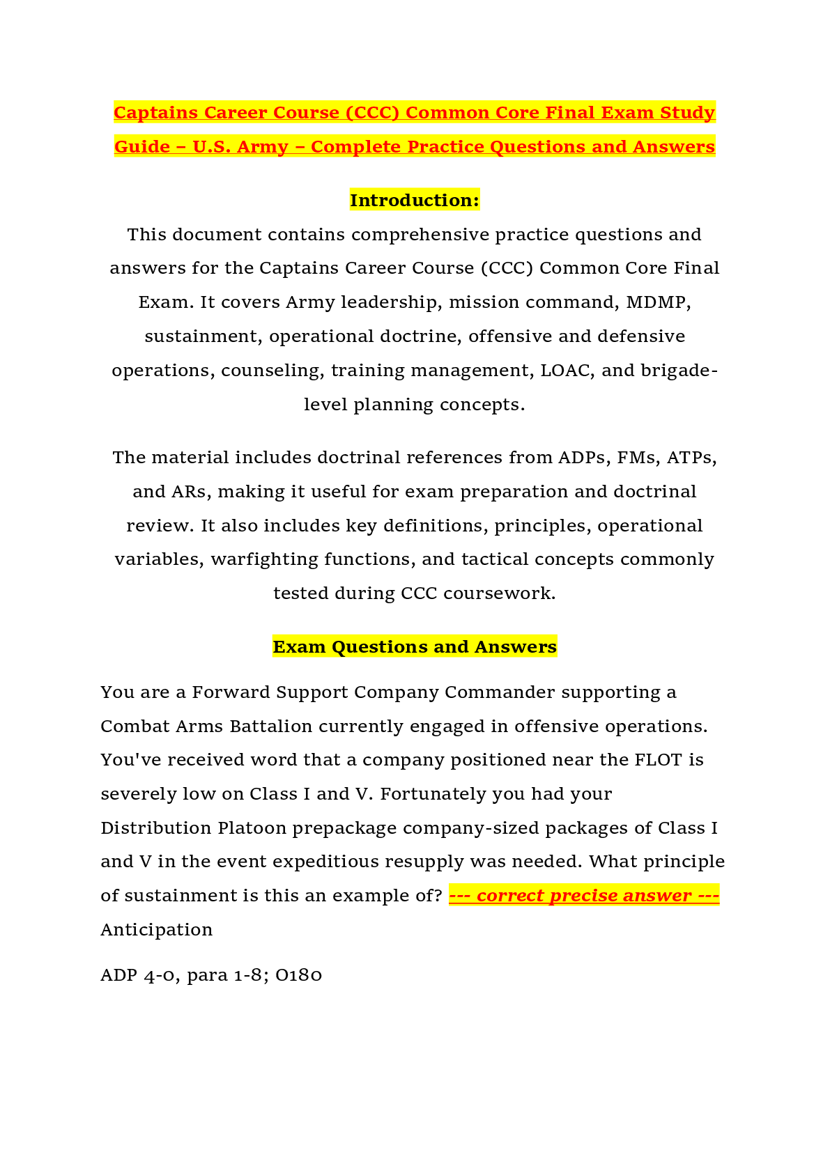 Recommended document preview for Captains Career Course (CCC) Common Core Final Exam Study Guide – U.S. Army – Complete Practice Questions and Answers