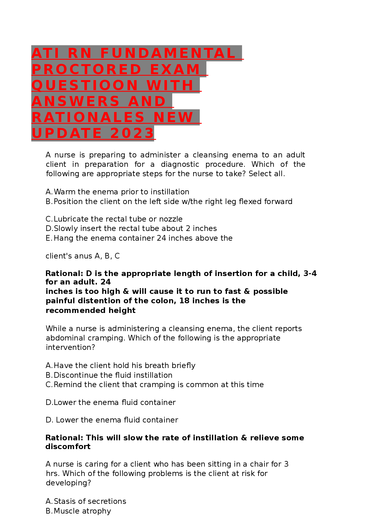 ATI RN FUNDAMENTAL  PROCTORED EXAM  QUESTIONS WITH  ANSWERS AND  RATIONALES NEW  UPDATE 2023