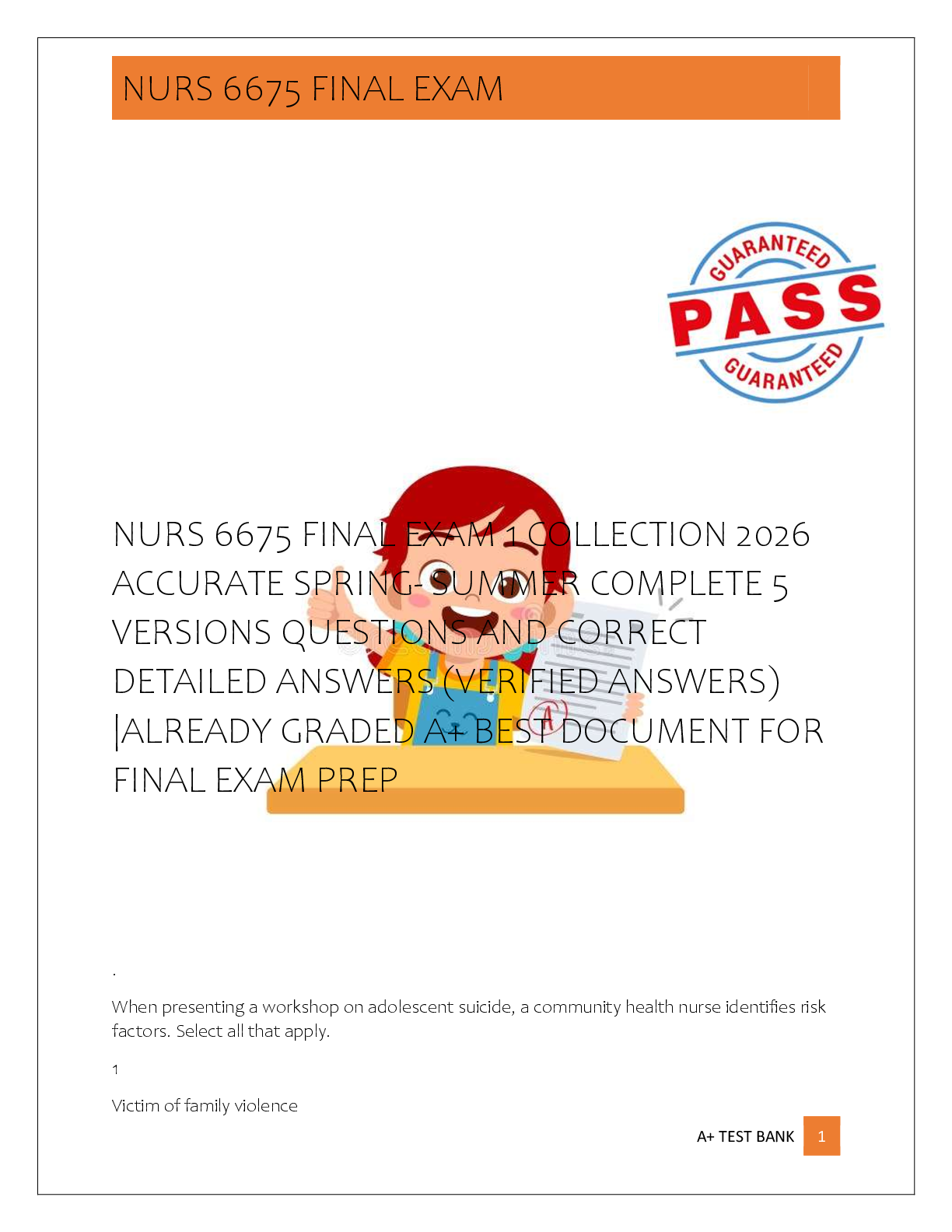 Preview of NURS 6675 FINAL EXAM 1 COLLECTION 2026  ACCURATE SPRING- SUMMER COMPLETE 5  VERSIONS QUESTIONS AND CORRECT  DETAILED ANSWERS (VERIFIED ANSWERS)  |ALREADY GRADED A+ BEST DOCUMENT FOR  FINAL EXAM PREP
