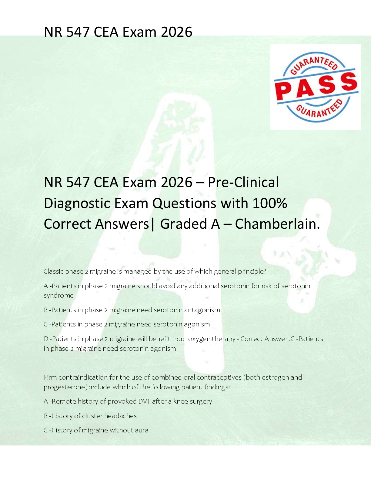 Preview image for NR 547 CEA Exam 2026 – Pre-Clinical  Diagnostic Exam Questions with 100%  Correct Answers| Graded A – Chamberlain.