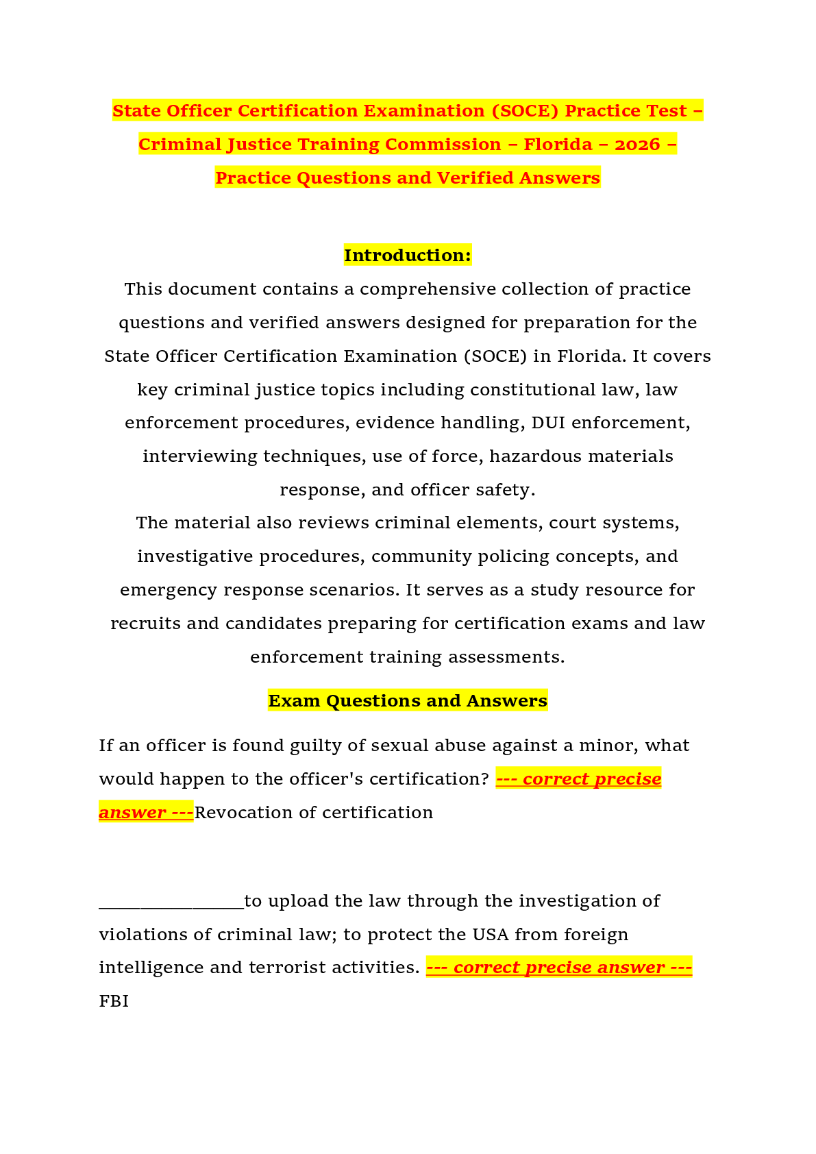 Recommended document preview for State Officer Certification Examination (SOCE) Practice Test – Criminal Justice Training Commission – Florida – 2026 – Practice Questions and Verified Answers