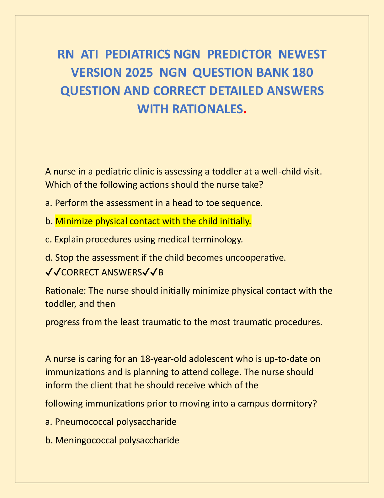 Preview of RN  ATI  PEDIATRICS NGN  PREDICTOR  NEWEST  VERSION 2025  NGN  QUESTION BANK 180  QUESTION AND CORRECT DETAILED ANSWERS  WITH RATIONALES.