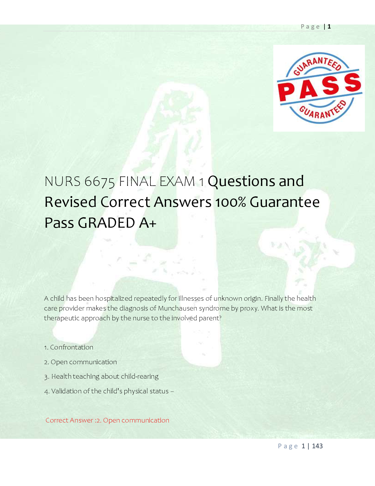Preview of NURS 6675 FINAL EXAM 1 Questions and  Revised Correct Answers 100% Guarantee  Pass GRADED A+