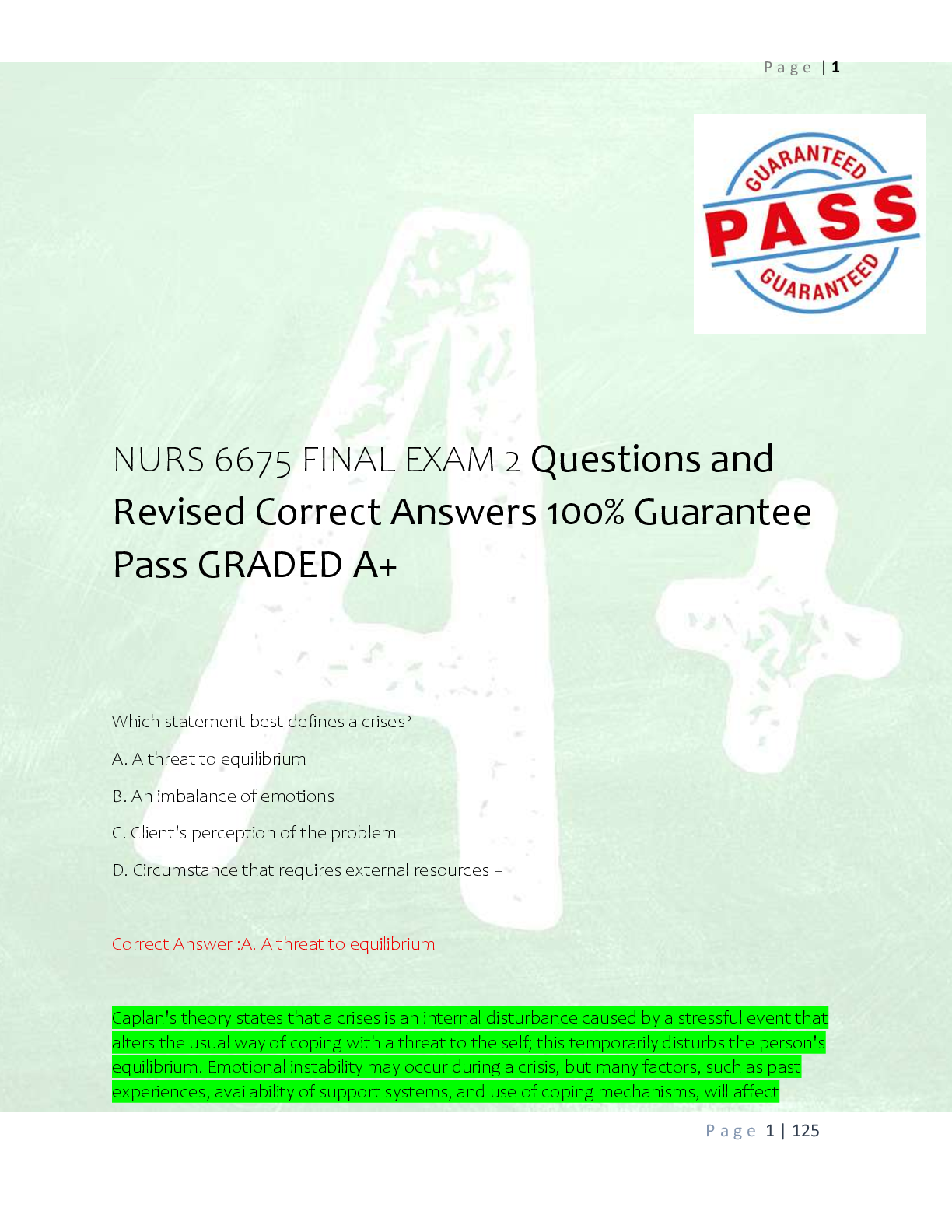Preview of NURS 6675 FINAL EXAM 2 Questions and  Revised Correct Answers 100% Guarantee  Pass GRADED A+