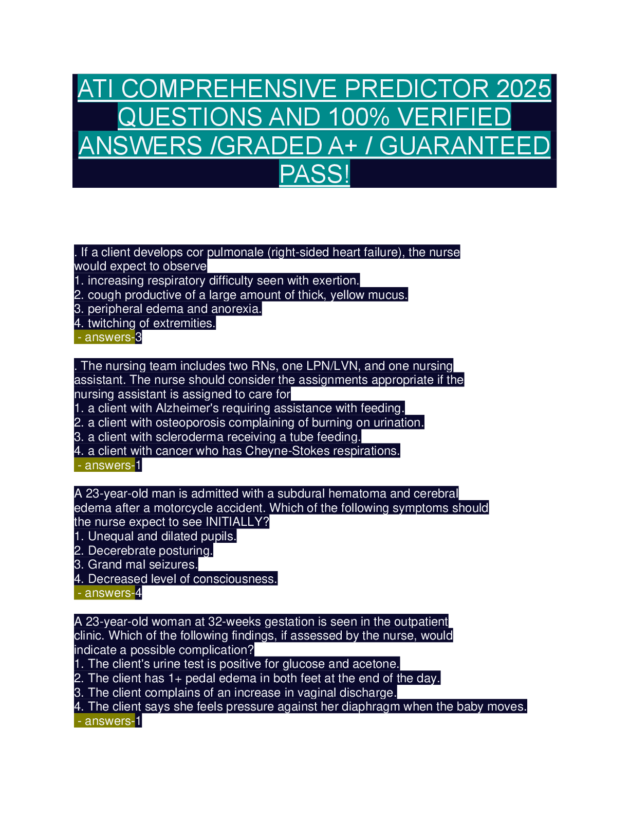 Preview of ATI COMPREHENSIVE PREDICTOR 2025  QUESTIONS AND 100% VERIFIED  ANSWERS /GRADED A+ / GUARANTEED  PASS!