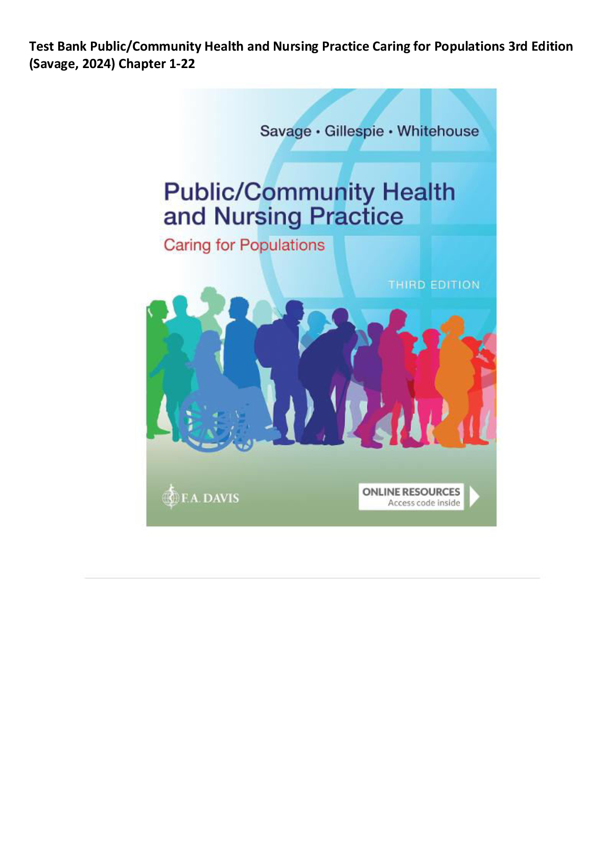 Recommended document preview for Complete Test Bank Public/Community Health and Nursing Practice Caring for Populations 3rd Edition (Savage, 2024) All Chapters 1-22! ALREADY RATED A+ 100% CORRECT ANSWERS