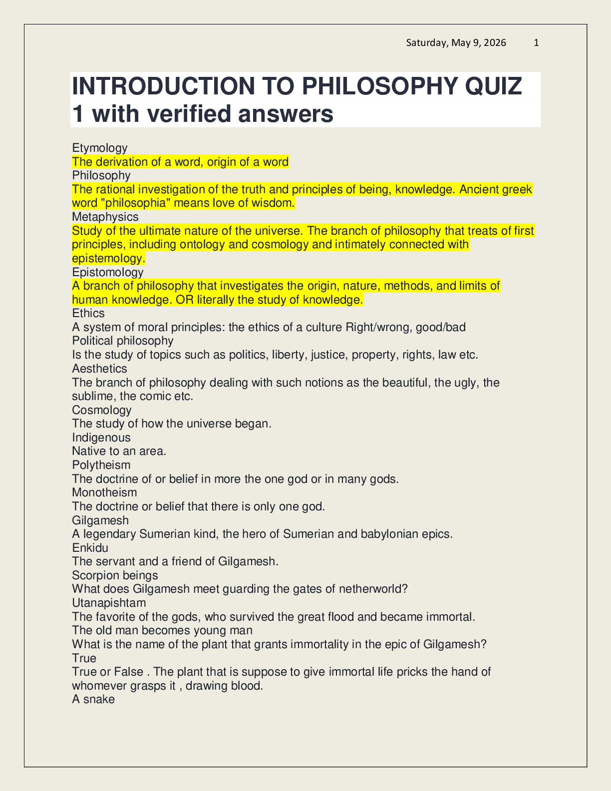 Recommended document preview for INTRODUCTION TO PHILOSOPHY QUIZ 1 with verified answers