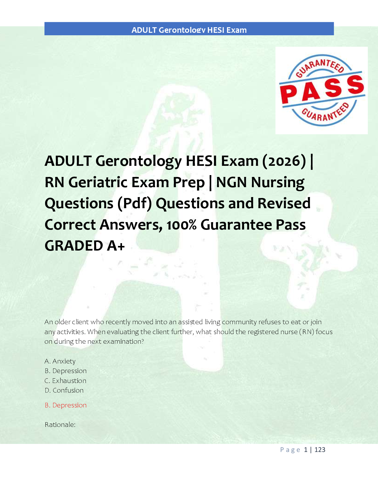 Preview image for ADULT Gerontology HESI Exam (2026) |  RN Geriatric Exam Prep | NGN Nursing  Questions (Pdf) Questions and Revised  Correct Answers, 100% Guarantee Pass  GRADED A+