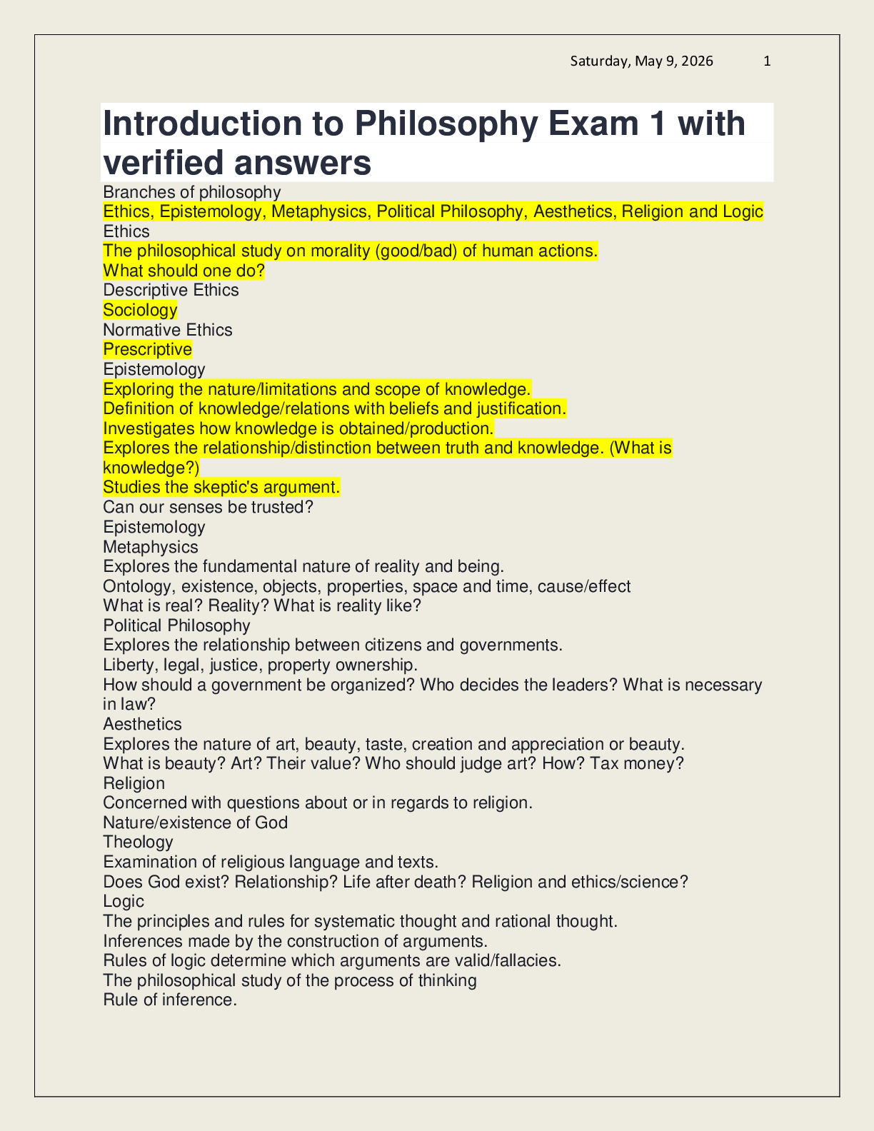 Recommended document preview for Introduction to Philosophy Exam 1 with verified answers