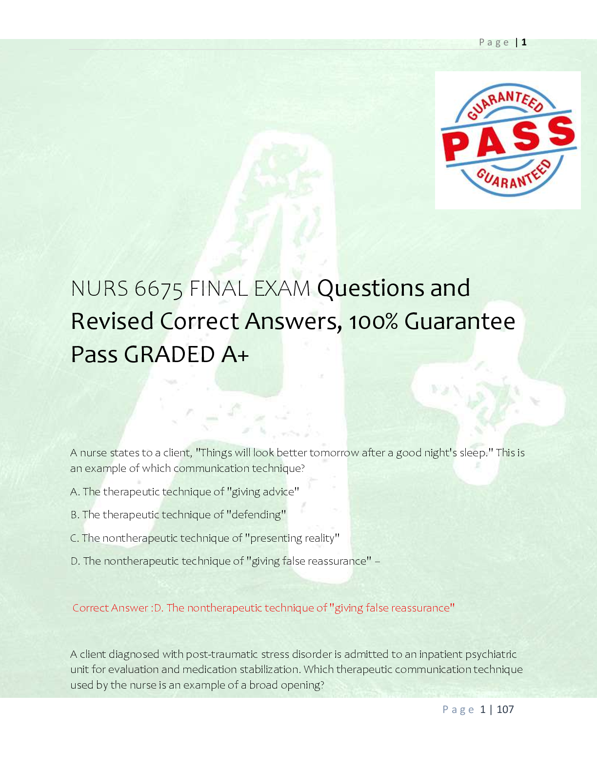 Preview of NURS 6675 FINAL EXAM Questions and  Revised Correct Answers, 100% Guarantee  Pass GRADED A+