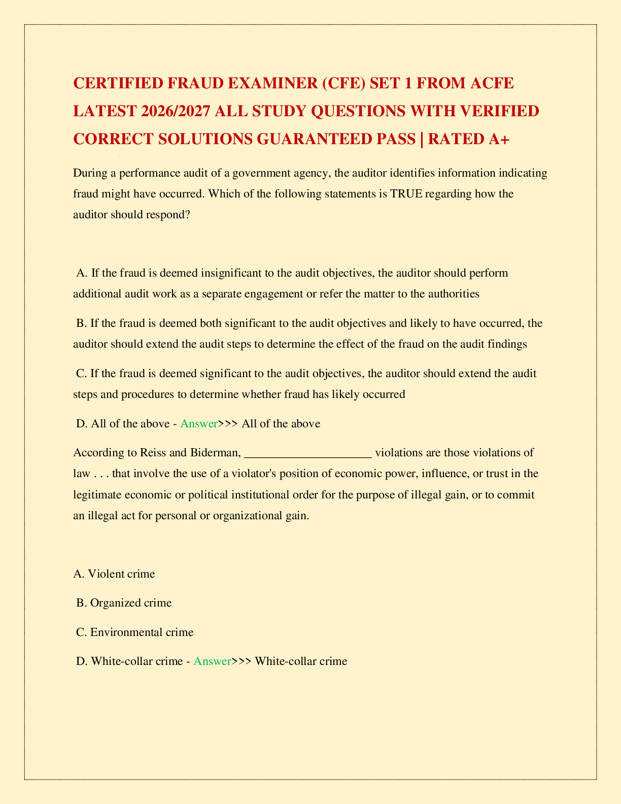 Recommended document preview for CERTIFIED FRAUD EXAMINER (CFE) SET 1 FROM ACFE LATEST 2026/2027 ALL STUDY QUESTIONS WITH VERIFIED CORRECT SOLUTIONS GUARANTEED PASS | RATED A+