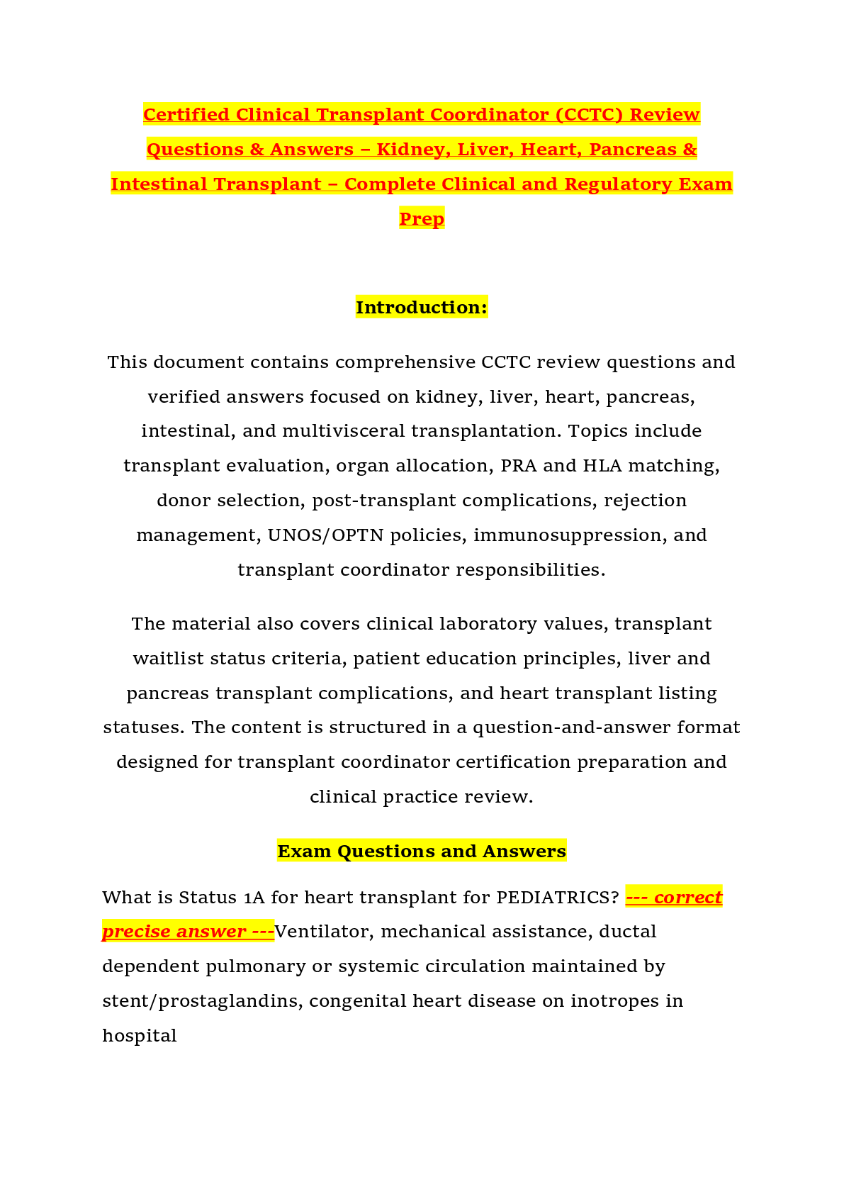 Preview of Certified Clinical Transplant Coordinator (CCTC) Review Questions & Answers – Kidney, Liver, Heart, Pancreas & Intestinal Transplant – Complete Clinical and Regulatory Exam Prep