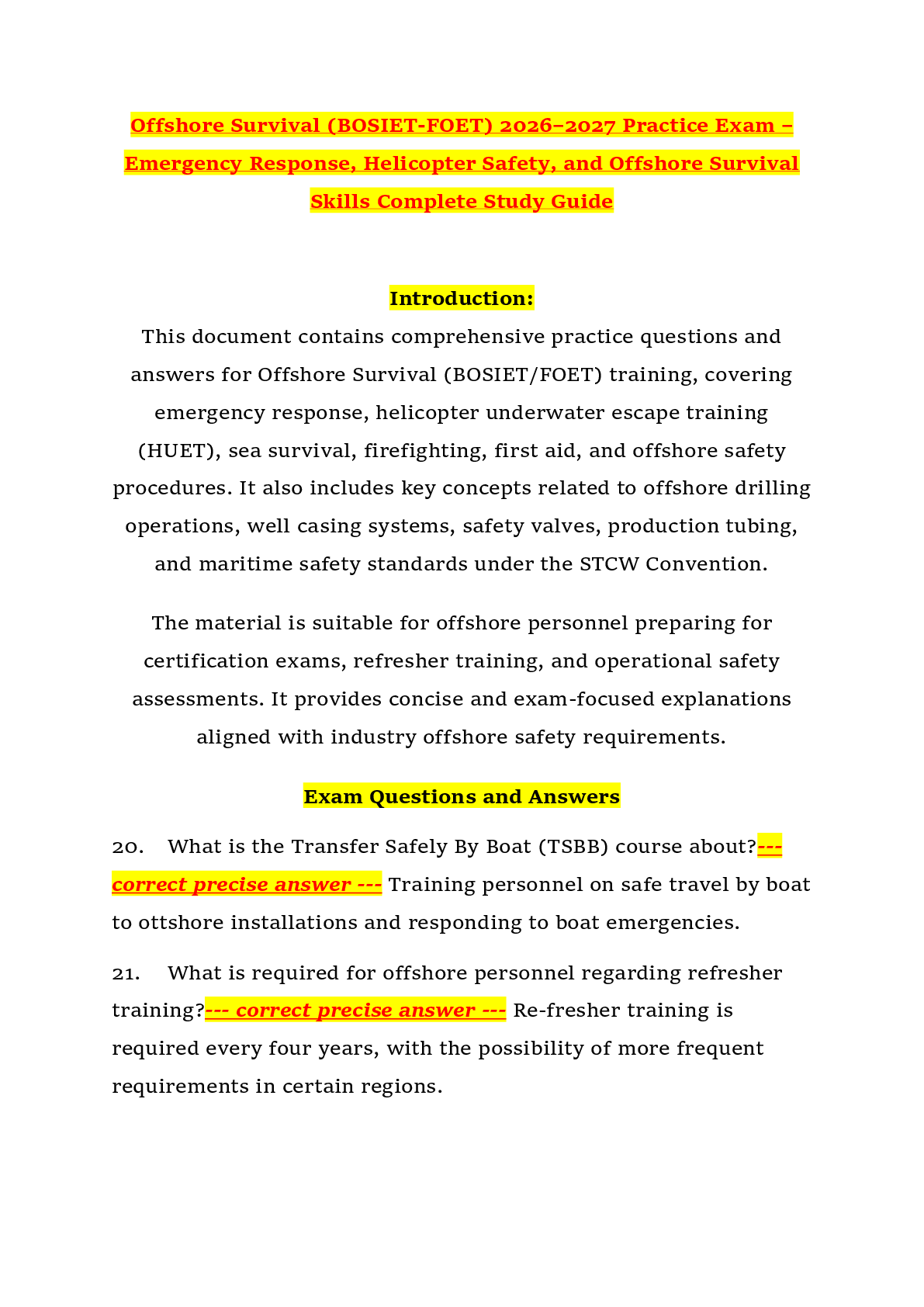 Recommended document preview for Offshore Survival (BOSIET-FOET) 2026–2027 Practice Exam – Emergency Response, Helicopter Safety, and Offshore Survival Skills Complete Study Guide