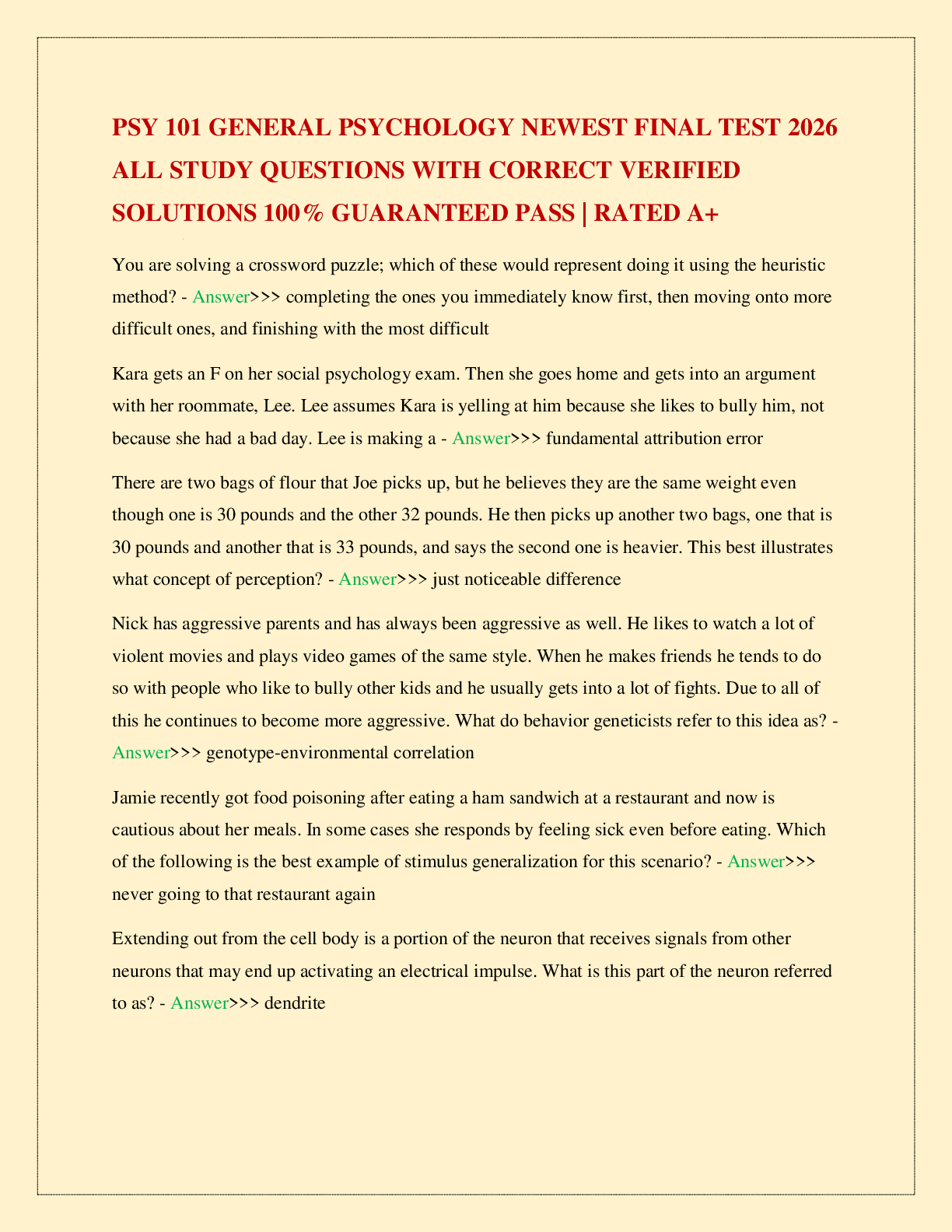 Recommended document preview for PSY 101 GENERAL PSYCHOLOGY NEWEST FINAL TEST 2026 ALL STUDY QUESTIONS WITH CORRECT VERIFIED SOLUTIONS 100% GUARANTEED PASS | RATED A+