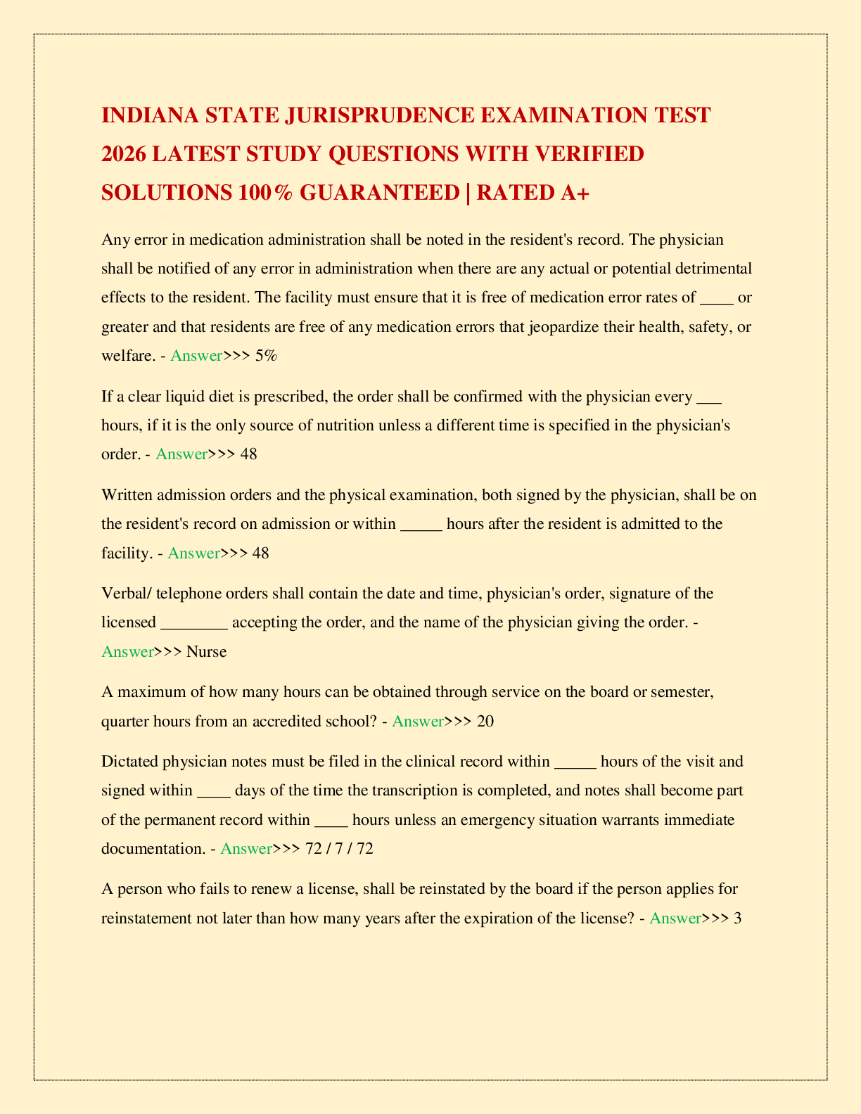 INDIANA STATE JURISPRUDENCE EXAMINATION TEST 2026 LATEST STUDY QUESTIONS WITH VERIFIED SOLUTIONS 100% GUARANTEED | RATED A+