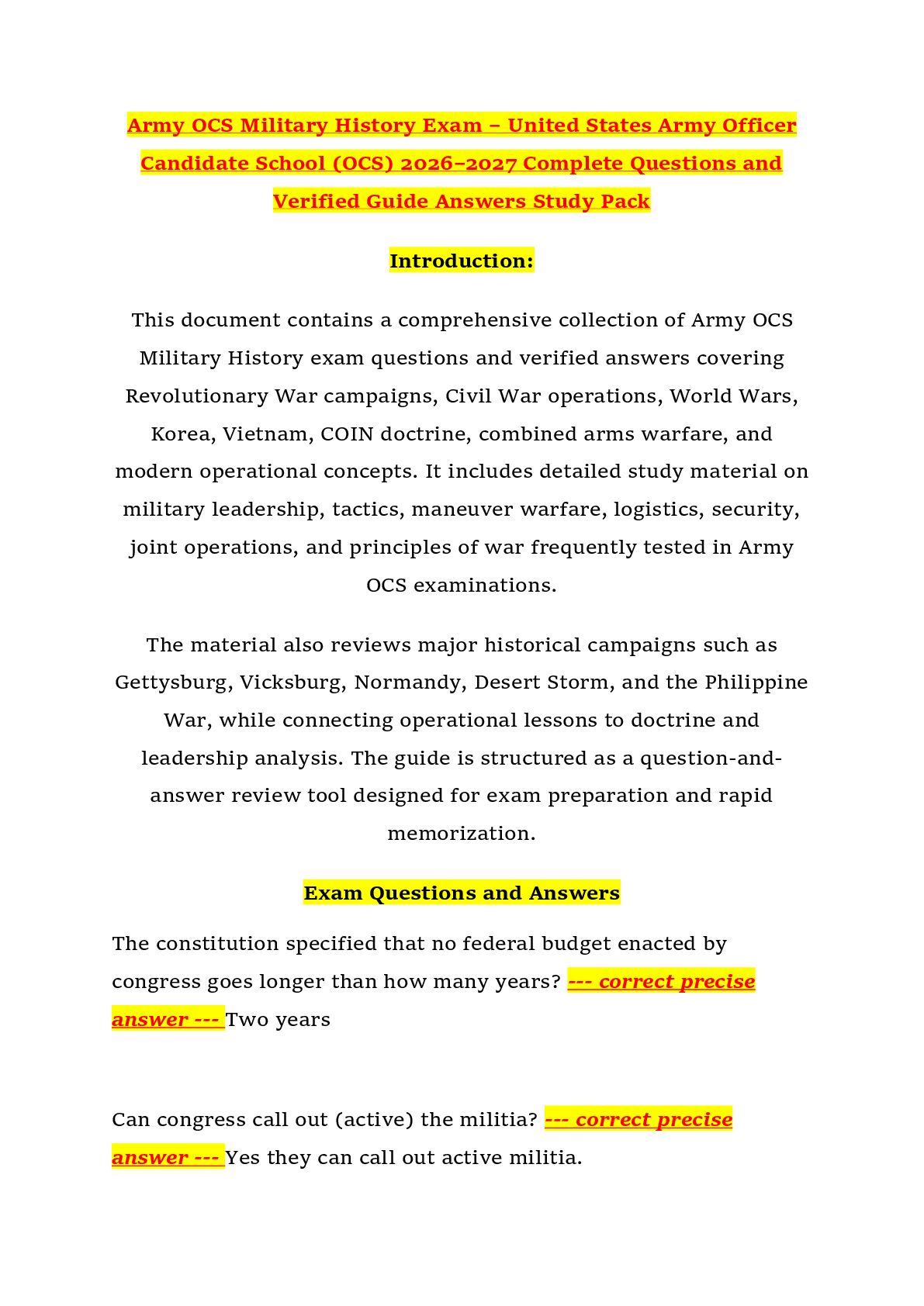 Preview of Army OCS Military History Exam – United States Army Officer Candidate School (OCS) 2026–2027 Complete Questions and Verified Guide Answers Study Pack