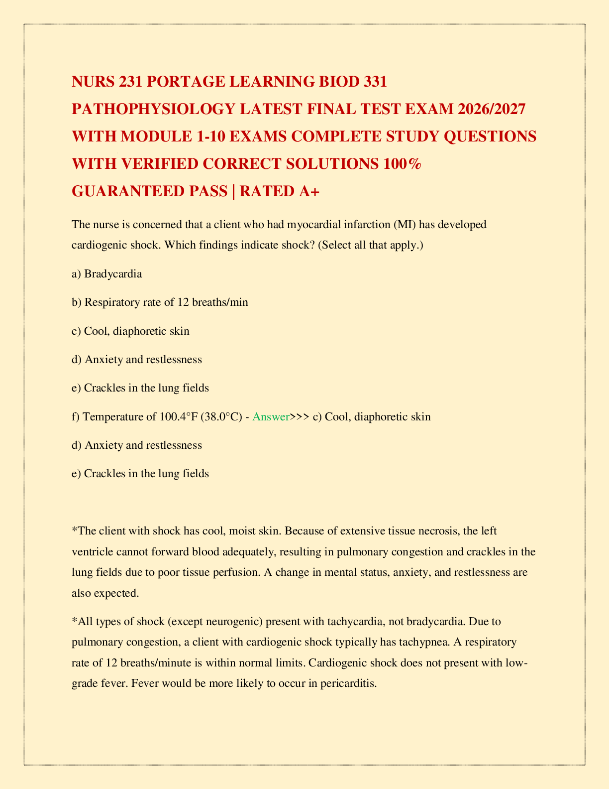 Recommended document preview for NURS 231 PORTAGE LEARNING BIOD 331 PATHOPHYSIOLOGY LATEST FINAL TEST EXAM 2026/2027 WITH MODULE 1-10 EXAMS COMPLETE STUDY QUESTIONS WITH VERIFIED CORRECT SOLUTIONS 100% GUARANTEED PASS | RATED A+