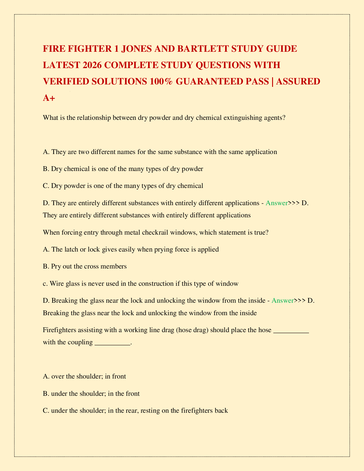 Recommended document preview for FIRE FIGHTER 1 JONES AND BARTLETT STUDY GUIDE LATEST 2026 COMPLETE STUDY QUESTIONS WITH VERIFIED SOLUTIONS 100% GUARANTEED PASS | ASSURED A+