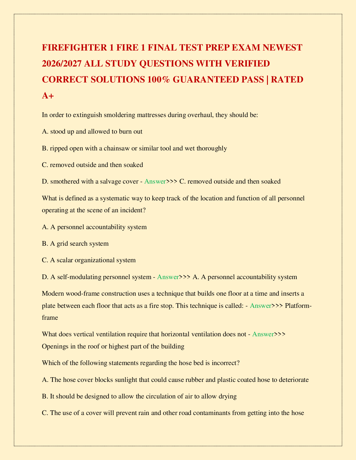 Recommended document preview for FIREFIGHTER 1 FIRE 1 FINAL TEST PREP EXAM NEWEST 2026/2027 ALL STUDY QUESTIONS WITH VERIFIED CORRECT SOLUTIONS 100% GUARANTEED PASS | RATED A+