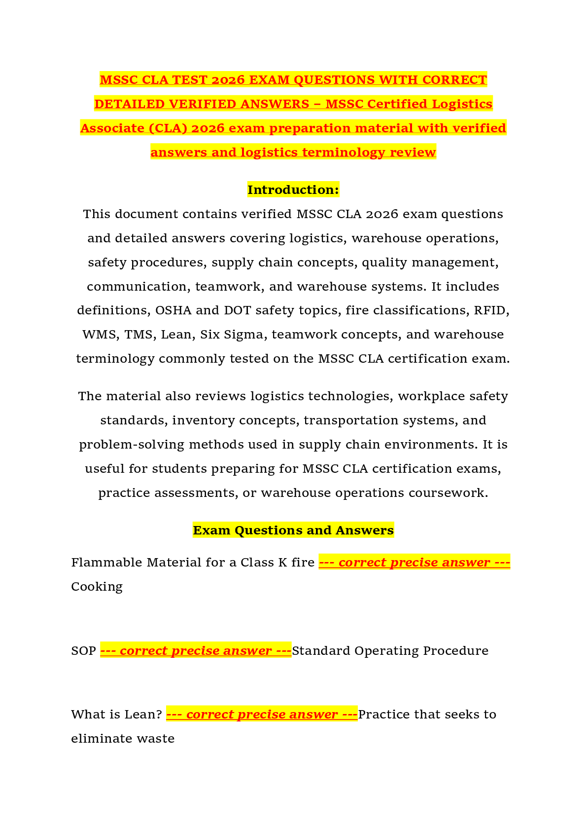 Recommended document preview for MSSC CLA TEST 2026 EXAM QUESTIONS WITH CORRECT DETAILED VERIFIED ANSWERS – MSSC Certified Logistics Associate (CLA) 2026 exam preparation material with verified answers and logistics terminology review