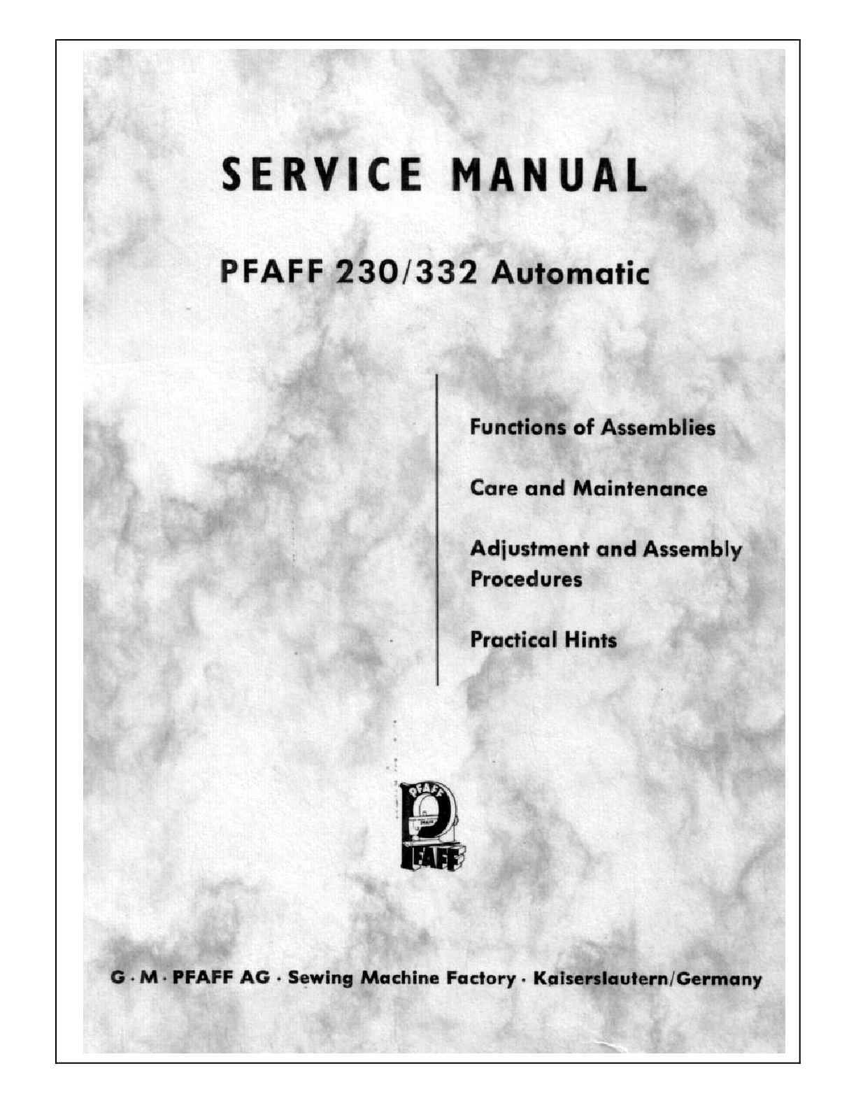 Recommended document preview for PFAFF 230 332 Automatic Sewing Machine Service Manual