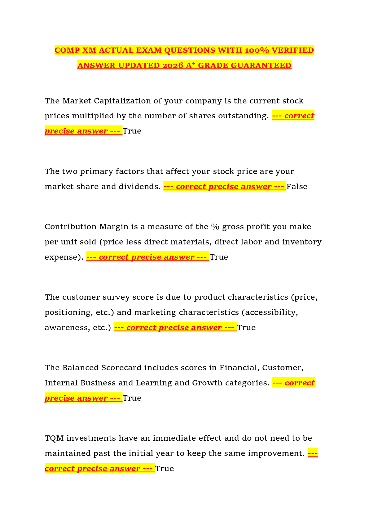 Preview of COMP XM ACTUAL EXAM QUESTIONS WITH 100% VERIFIED ANSWER UPDATED 2026 A+ GRADE GUARANTEED
