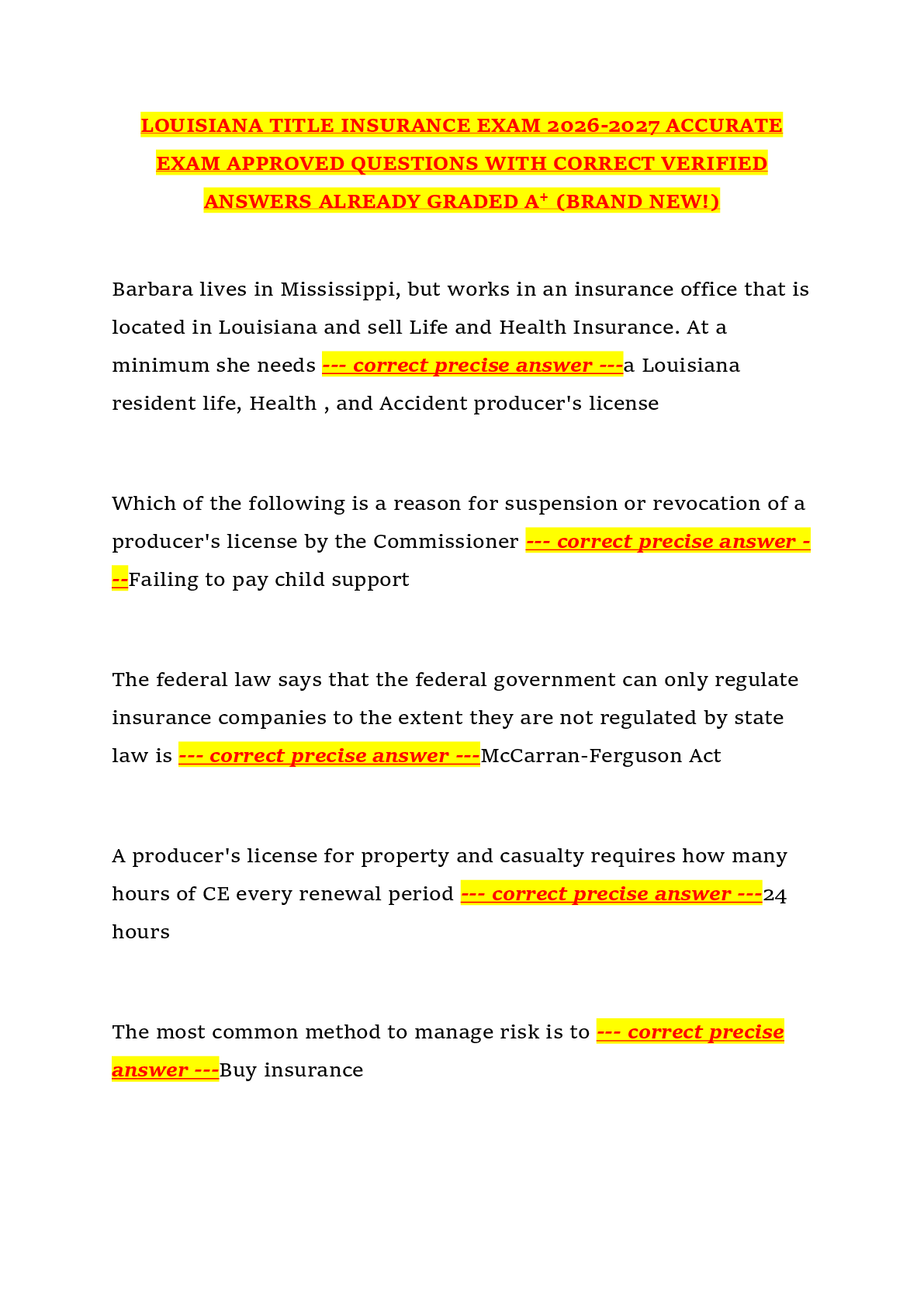 Preview of LOUISIANA TITLE INSURANCE EXAM 2026-2027 ACCURATE EXAM APPROVED QUESTIONS WITH CORRECT VERIFIED ANSWERS ALREADY GRADED A+ (BRAND NEW!)