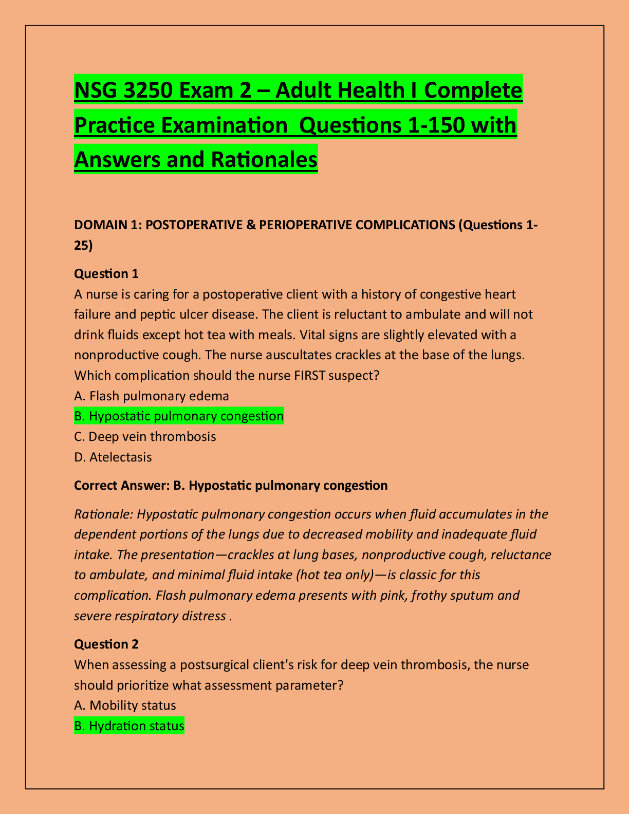 Preview of NSG 3250 Exam 2 – Adult Health I Complete  Practice Examination  Questions 1-150 with  Ans