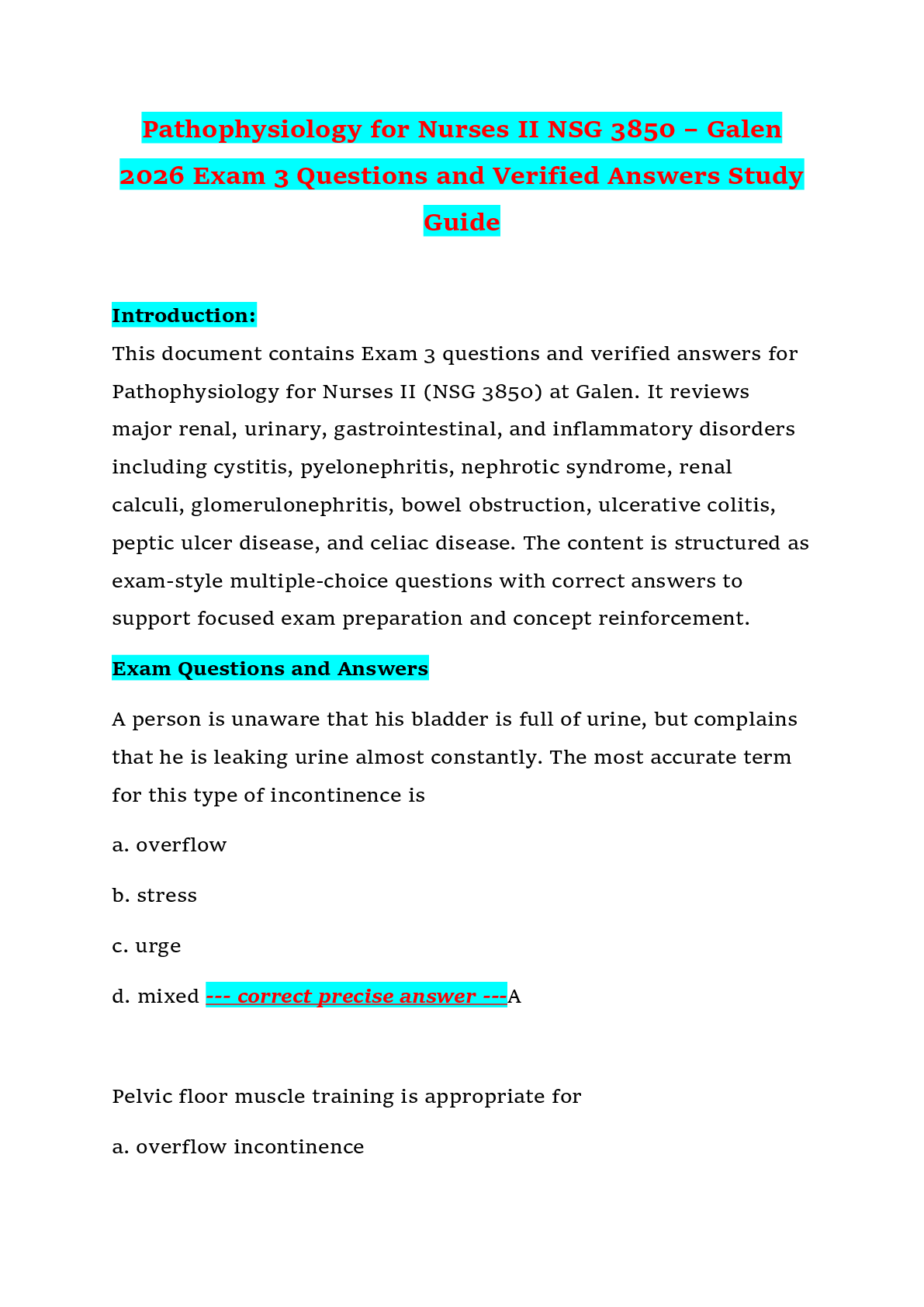 Preview of Pathophysiology for Nurses II NSG 3850 – Galen 2026 Exam 3 Questions and Verified Answers Study Guide
