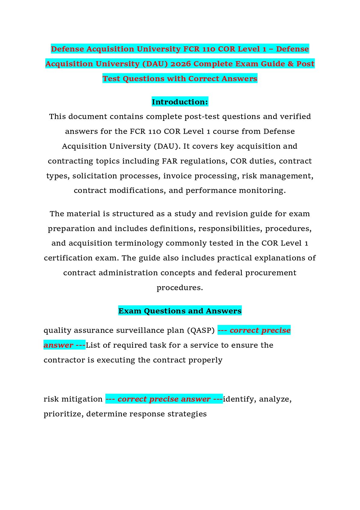 Recommended document preview for Defense Acquisition University FCR 110 COR Level 1 – Defense Acquisition University (DAU) 2026 Complete Exam Guide & Post Test Questions with Correct Answers